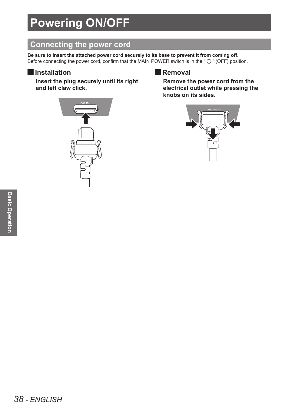 Basic operation, Powering on/off, Connecting the power cord | Panasonic PT-DW8300U User Manual | Page 38 / 129