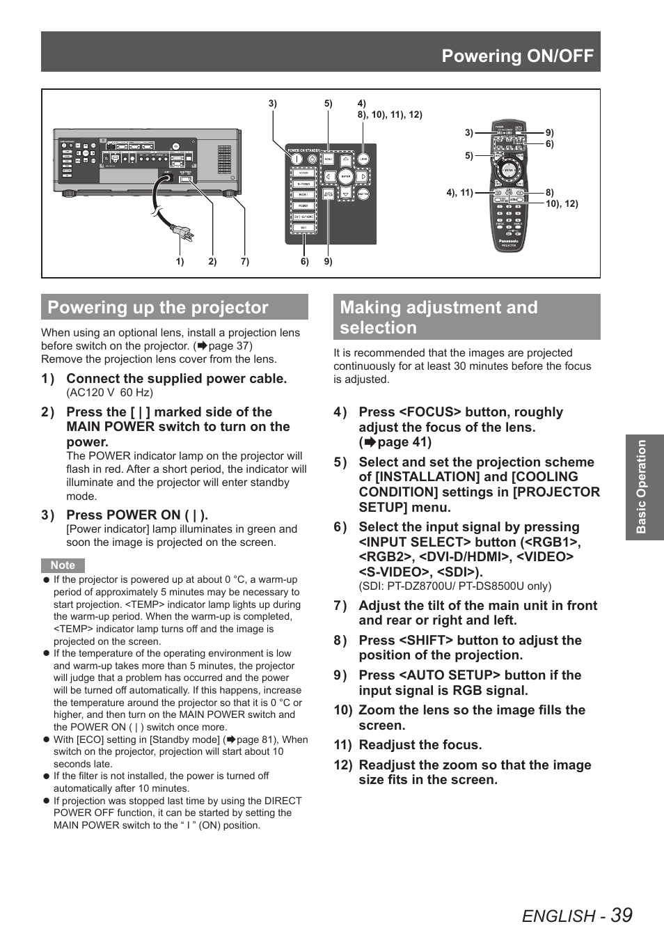 Powering up the projector, Making adjustment and selection, Powering on/off | English | Panasonic PT-DW8300U User Manual | Page 39 / 129