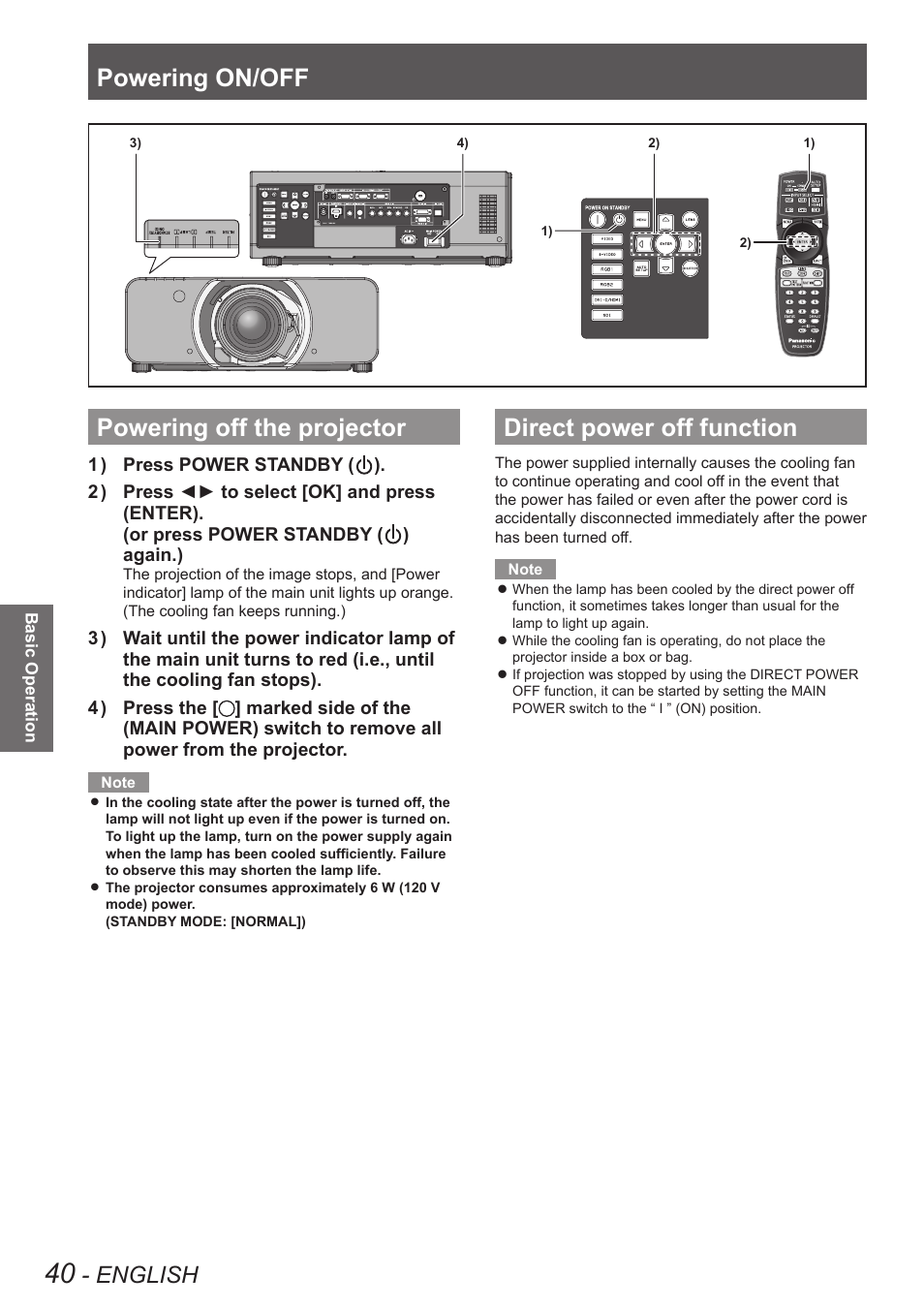 Powering off the projector, Direct power off function, Powering on/off | English | Panasonic PT-DW8300U User Manual | Page 40 / 129