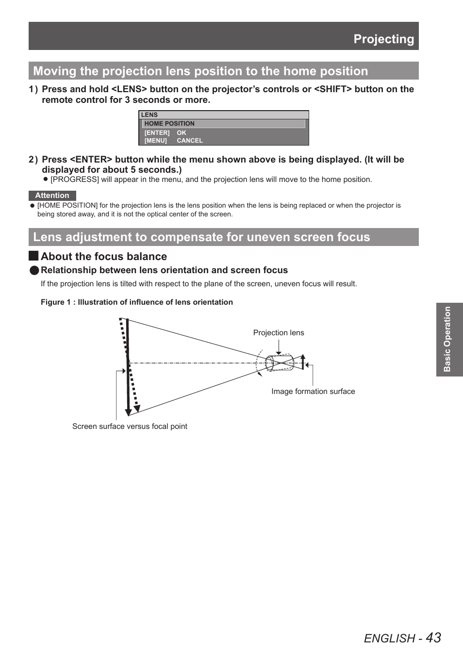 Moving the projection lens position to the home, Position, Lens adjustment to compensate for uneven | Screen focus, Projecting, English, About the focus balance | Panasonic PT-DW8300U User Manual | Page 43 / 129
