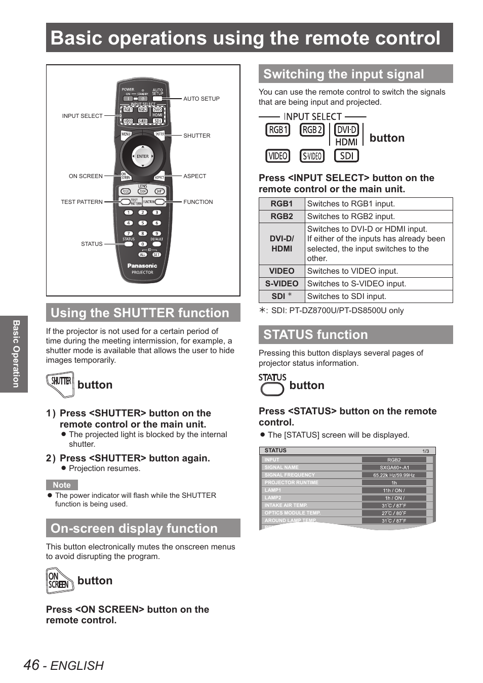 Basic operations using the remote control, Using the shutter function, On-screen display function | Switching the input signal, Status function, Basic operations using the remote, Control, English, Button | Panasonic PT-DW8300U User Manual | Page 46 / 129