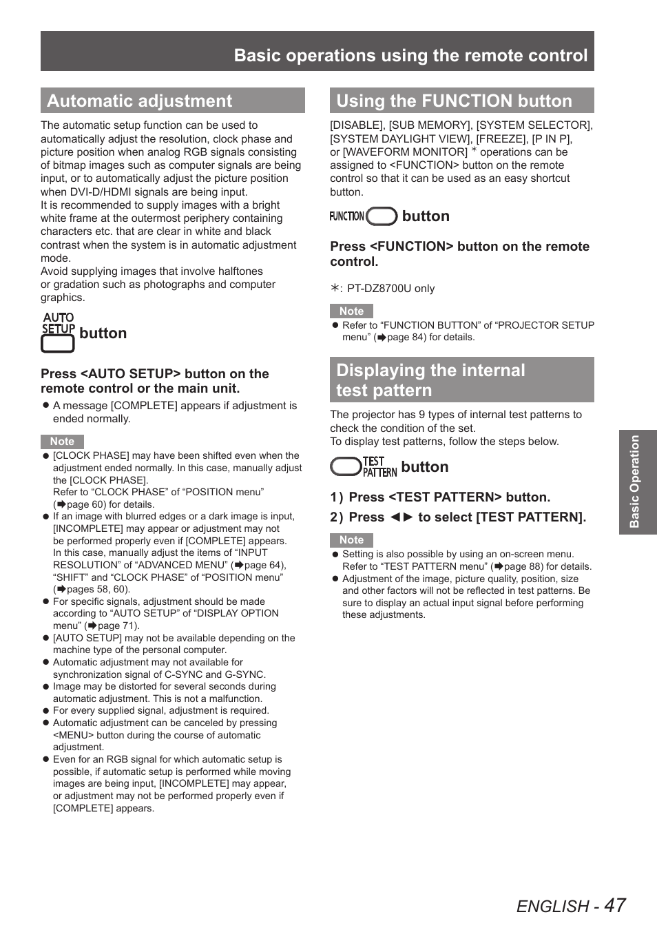 Automatic adjustment, Using the function button, Displaying the internal test pattern | Basic operations using the remote control, English, Button | Panasonic PT-DW8300U User Manual | Page 47 / 129