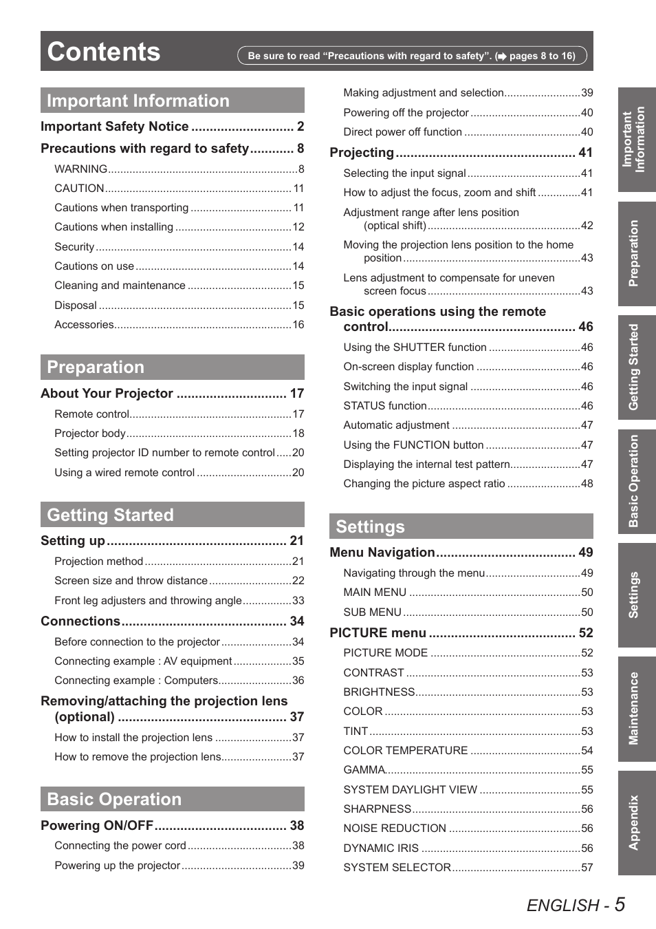 Panasonic PT-DW8300U User Manual | Page 5 / 129