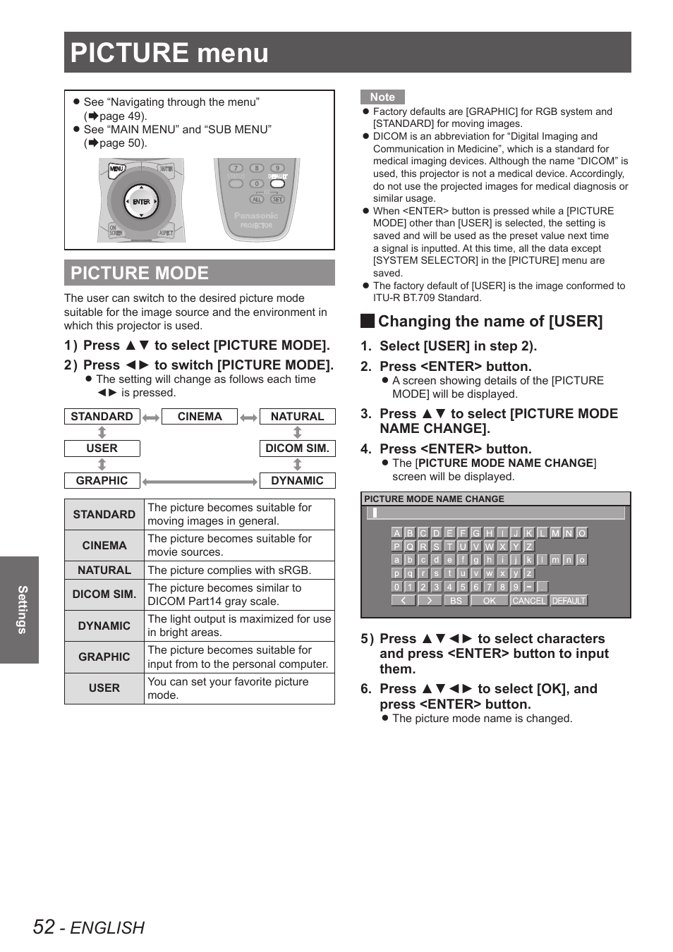 Picture menu, Picture mode, English | Changing the name of [user | Panasonic PT-DW8300U User Manual | Page 52 / 129