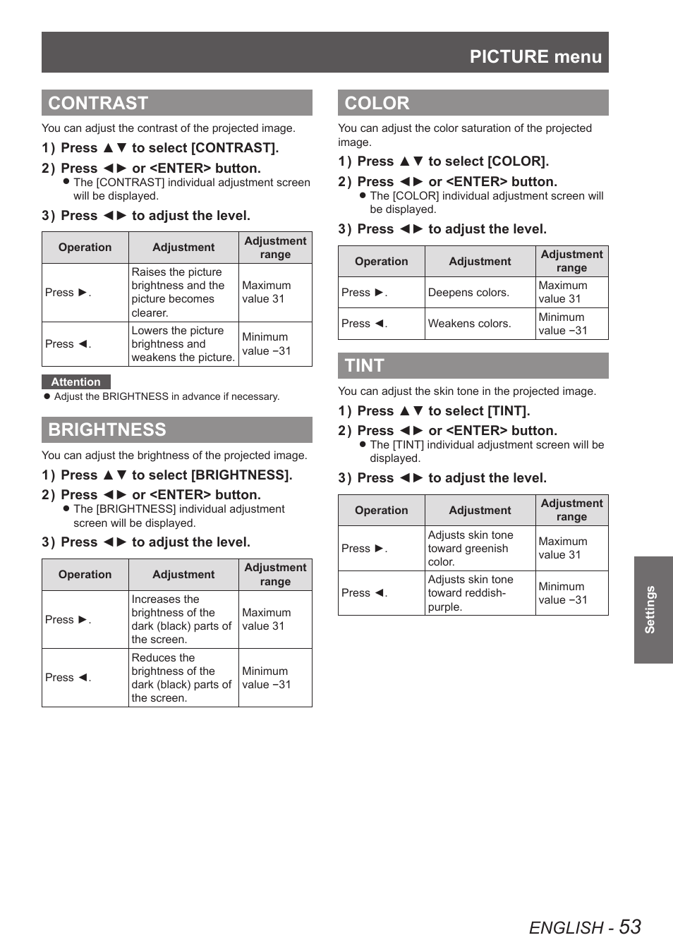 Contrast, Brightness, Color | Tint, Contrast brightness color tint, Picture menu, English | Panasonic PT-DW8300U User Manual | Page 53 / 129