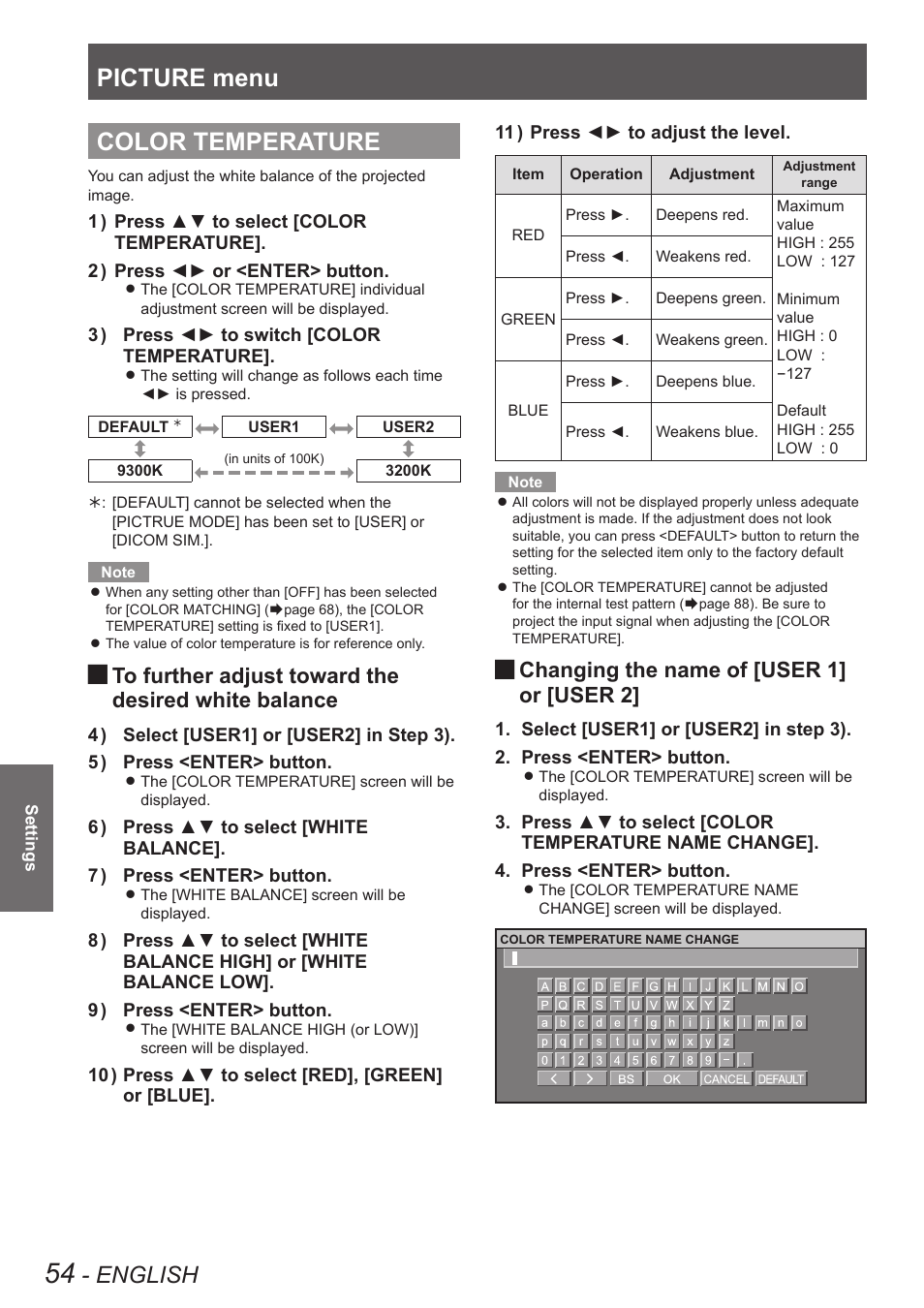 Color temperature, Picture menu, English | Changing the name of [user 1, Or [user 2 | Panasonic PT-DW8300U User Manual | Page 54 / 129