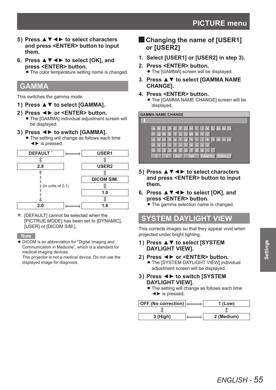 Gamma, System daylight view, Gamma system daylight view | Picture menu, English, Changing the name of [user1] or [user2 | Panasonic PT-DW8300U User Manual | Page 55 / 129