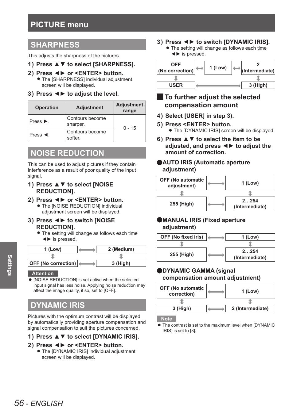 Sharpness, Noise reduction, Dynamic iris | Sharpness noise reduction dynamic iris, Picture menu, English | Panasonic PT-DW8300U User Manual | Page 56 / 129