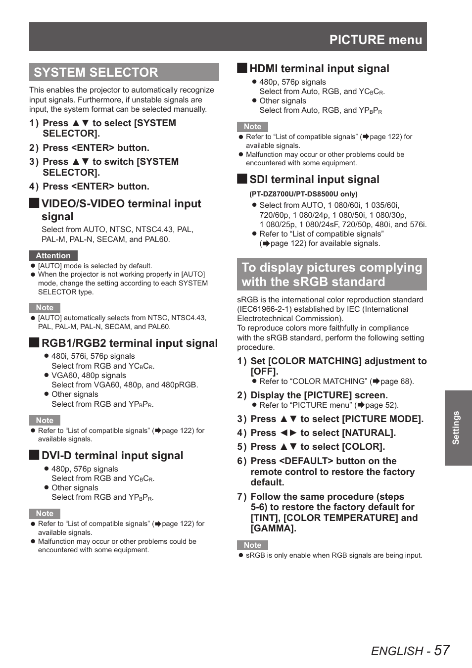 System selector, To display pictures complying with the srgb, Standard | Picture menu, English, Video/s-video terminal input signal, Rgb1/rgb2 terminal input signal, Dvi-d terminal input signal, Hdmi terminal input signal, Sdi terminal input signal | Panasonic PT-DW8300U User Manual | Page 57 / 129