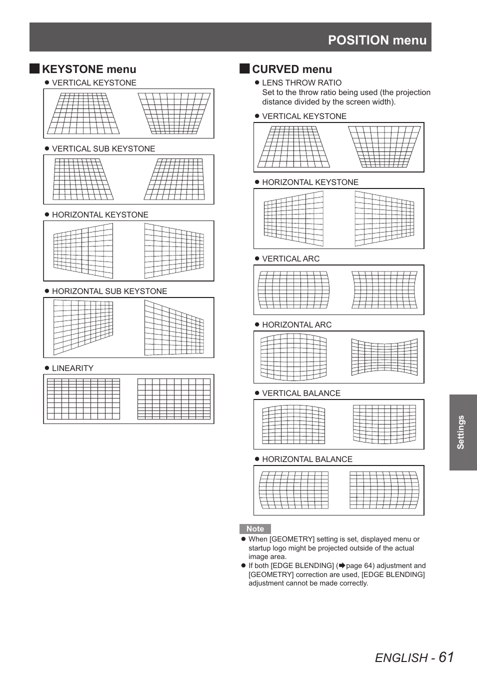 Position menu, English, Keystone menu | Curved menu | Panasonic PT-DW8300U User Manual | Page 61 / 129
