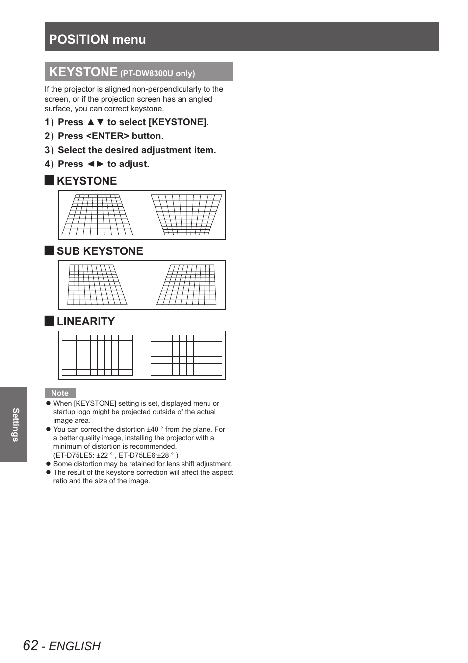 Keystone (pt-dw8300u only), Position menu, Keystone | English, Sub keystone, Linearity | Panasonic PT-DW8300U User Manual | Page 62 / 129