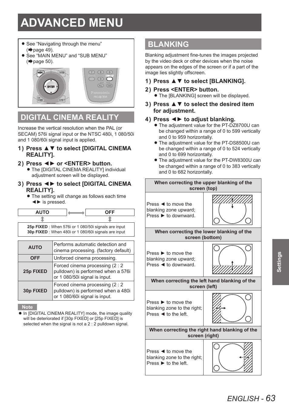 Advanced menu, Digital cinema reality, Blanking | Digital cinema reality blanking, English | Panasonic PT-DW8300U User Manual | Page 63 / 129