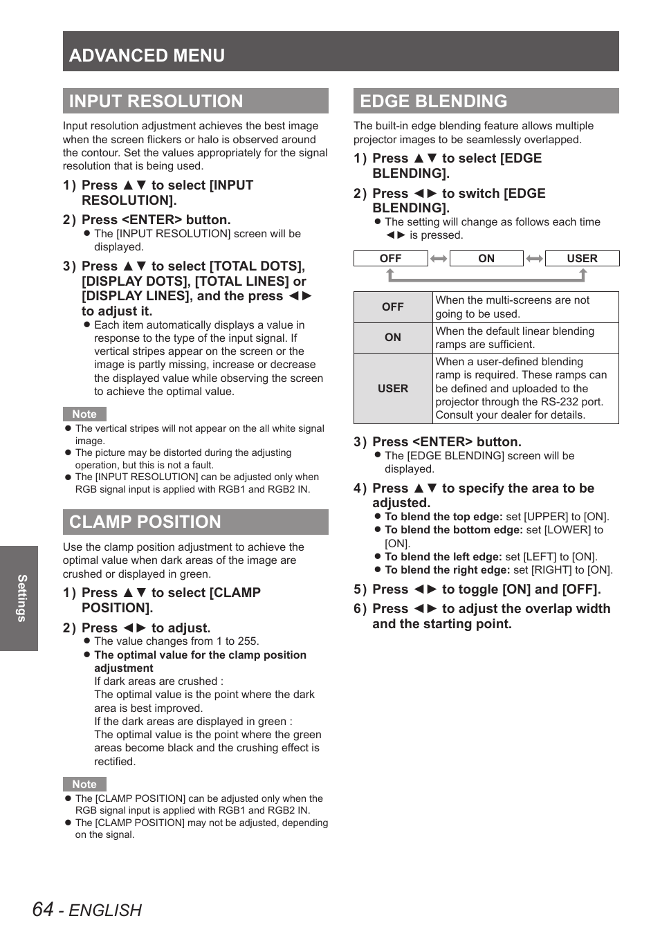 Input resolution, Clamp position, Edge blending | Input resolution clamp position edge blending, Advanced menu, English | Panasonic PT-DW8300U User Manual | Page 64 / 129