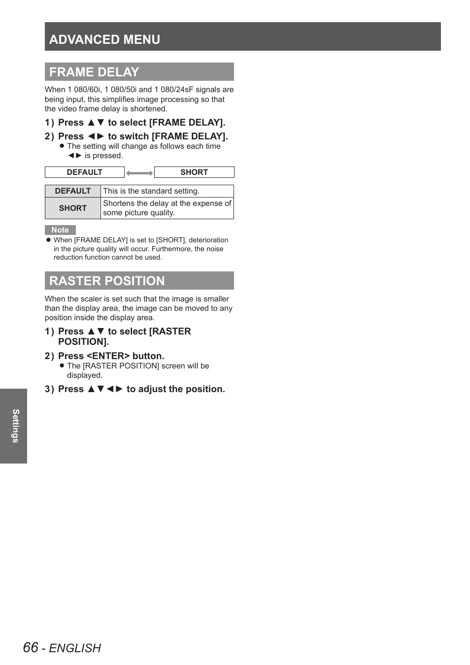 Frame delay, Raster position, Frame delay raster position | Advanced menu, English | Panasonic PT-DW8300U User Manual | Page 66 / 129