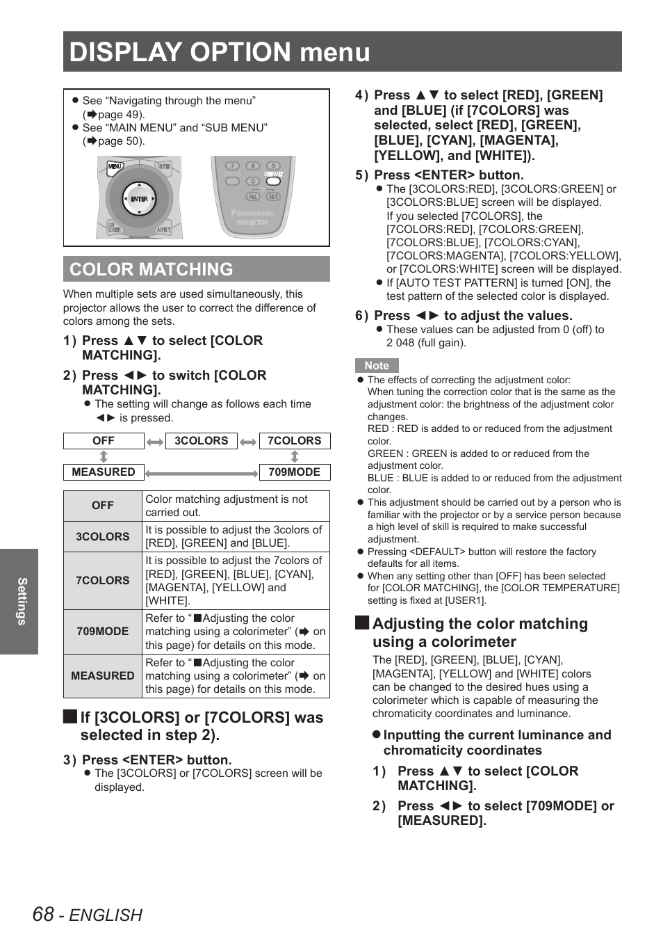 Display option menu, Color matching, Tching | English, If [3colors] or [7colors] was selected in step 2), Adjusting the color matching using a colorimeter | Panasonic PT-DW8300U User Manual | Page 68 / 129