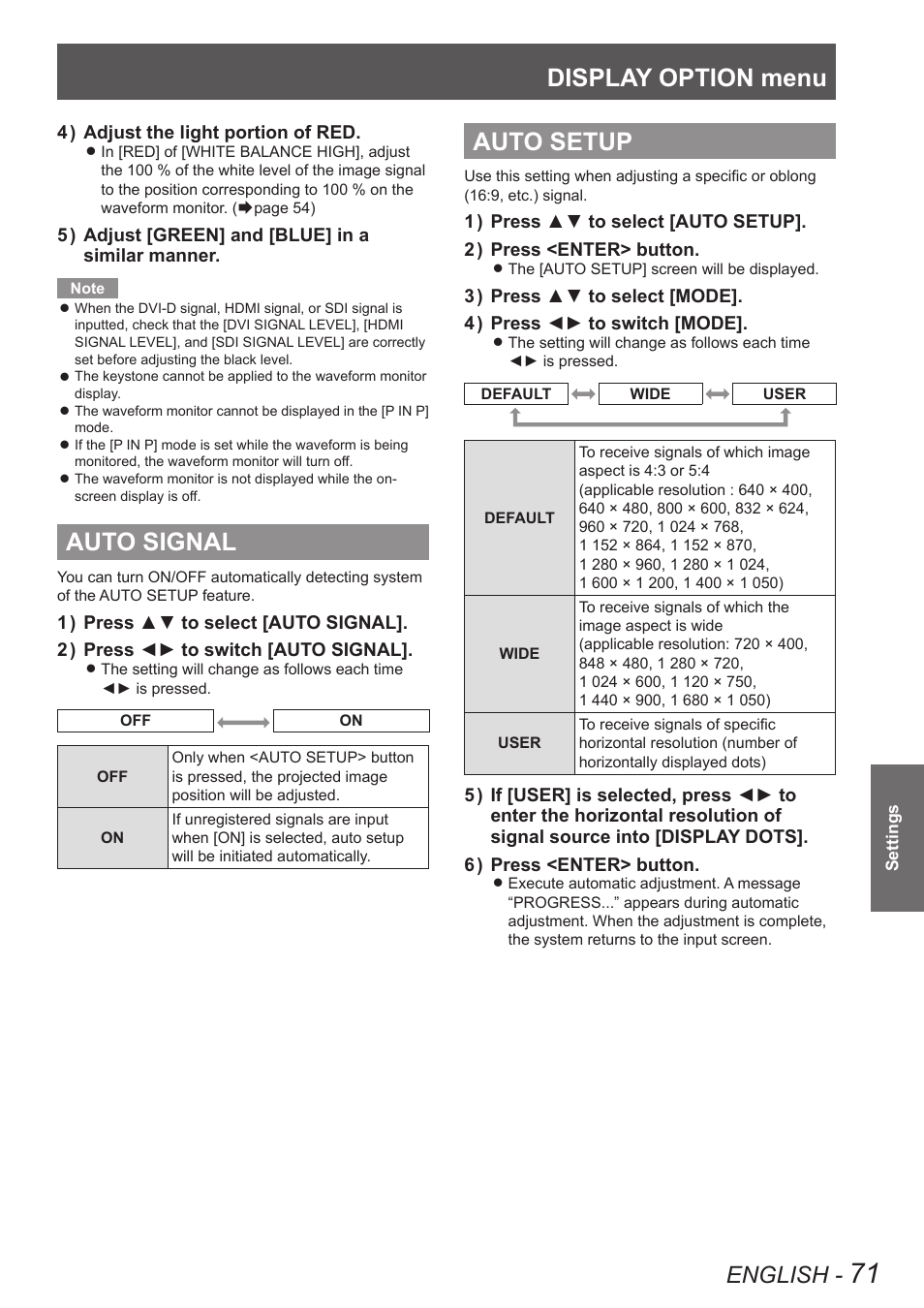 Auto signal, Auto setup, Auto signal auto setup | Auto setup” of “display option, Menu, Display option menu, English | Panasonic PT-DW8300U User Manual | Page 71 / 129