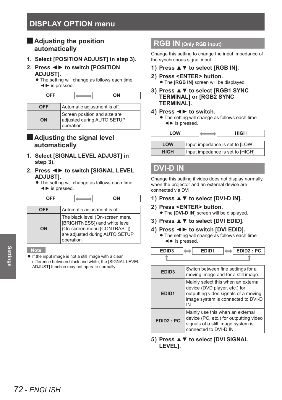 Rgb in (only rgb input), Dvi-d in, Rgb in (only rgb input) dvi-d in | Display option menu, Rgb in, English, Adjusting the position automatically, Adjusting the signal level automatically | Panasonic PT-DW8300U User Manual | Page 72 / 129