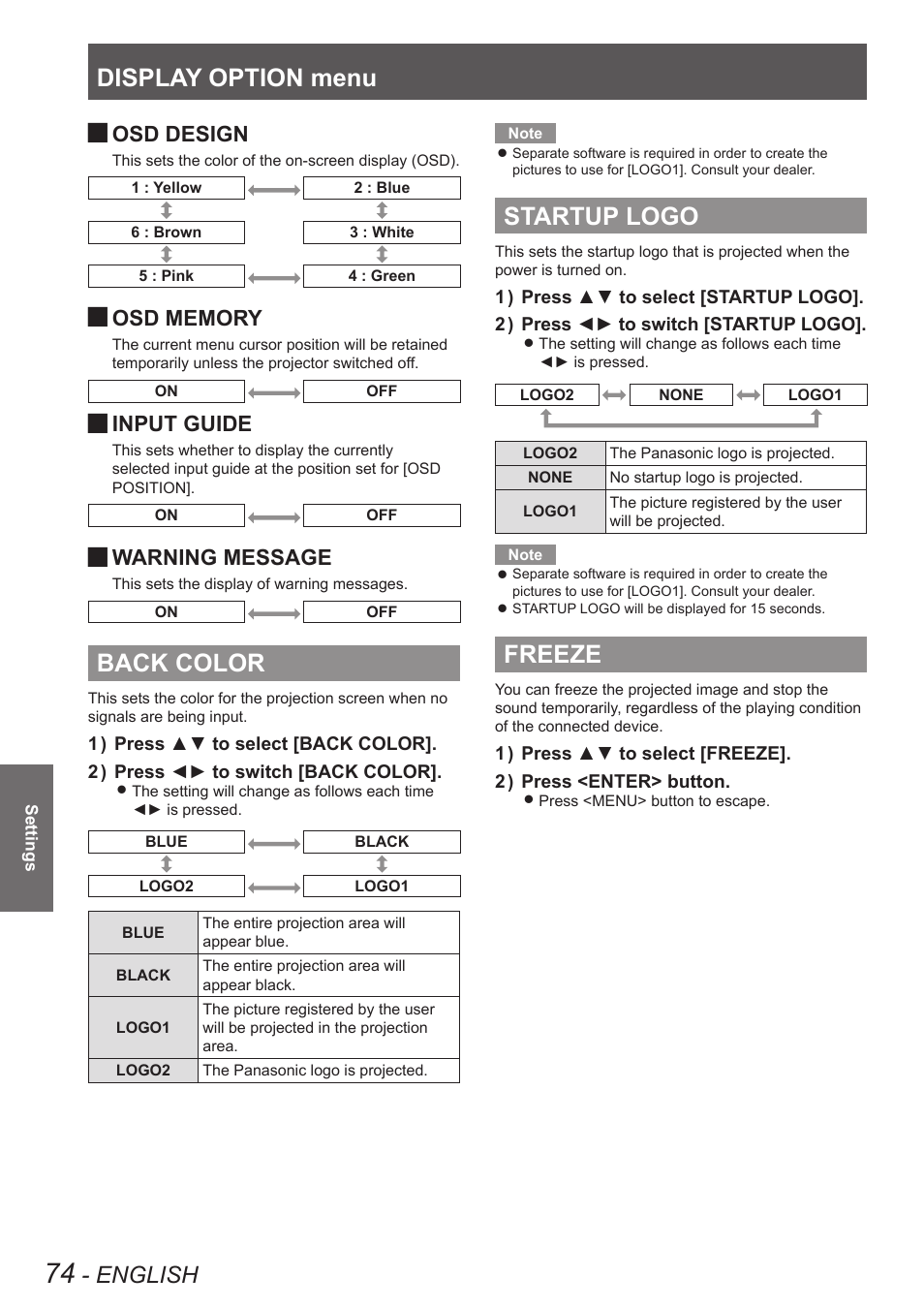 Back color, Startup logo, Freeze | Back color startup logo freeze, Display option menu, English, Osd design, Input guide, Warning message | Panasonic PT-DW8300U User Manual | Page 74 / 129