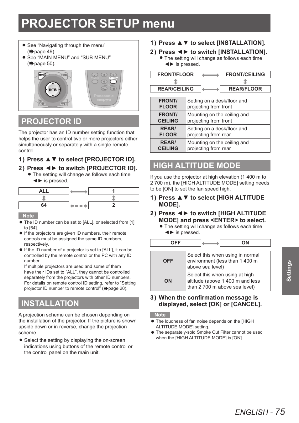 Projector setup menu, Projector id, Installation | High altitude mode, Projector id installation high altitude mode, English | Panasonic PT-DW8300U User Manual | Page 75 / 129