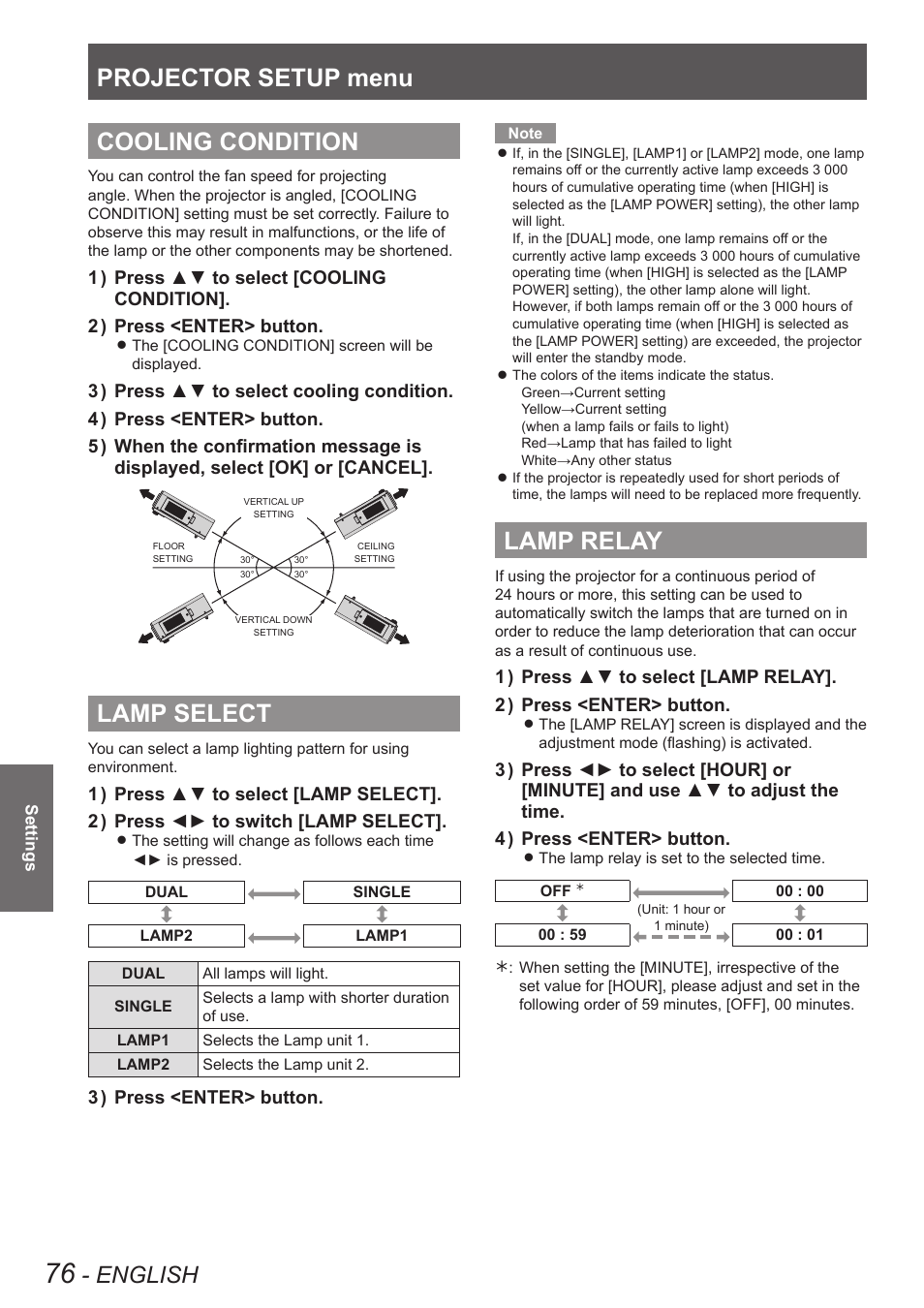 Cooling condition, Lamp select, Lamp relay | Lamp select lamp relay, Projector setup menu, English | Panasonic PT-DW8300U User Manual | Page 76 / 129