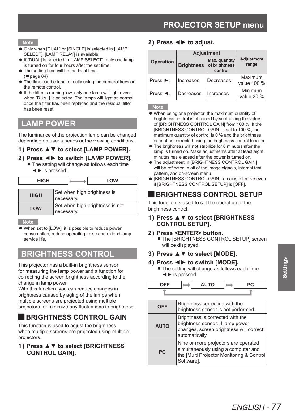 Lamp power, Brightness control, Lamp power brightness control | Projector setup menu, English, Brightness control gain, Brightness control setup | Panasonic PT-DW8300U User Manual | Page 77 / 129