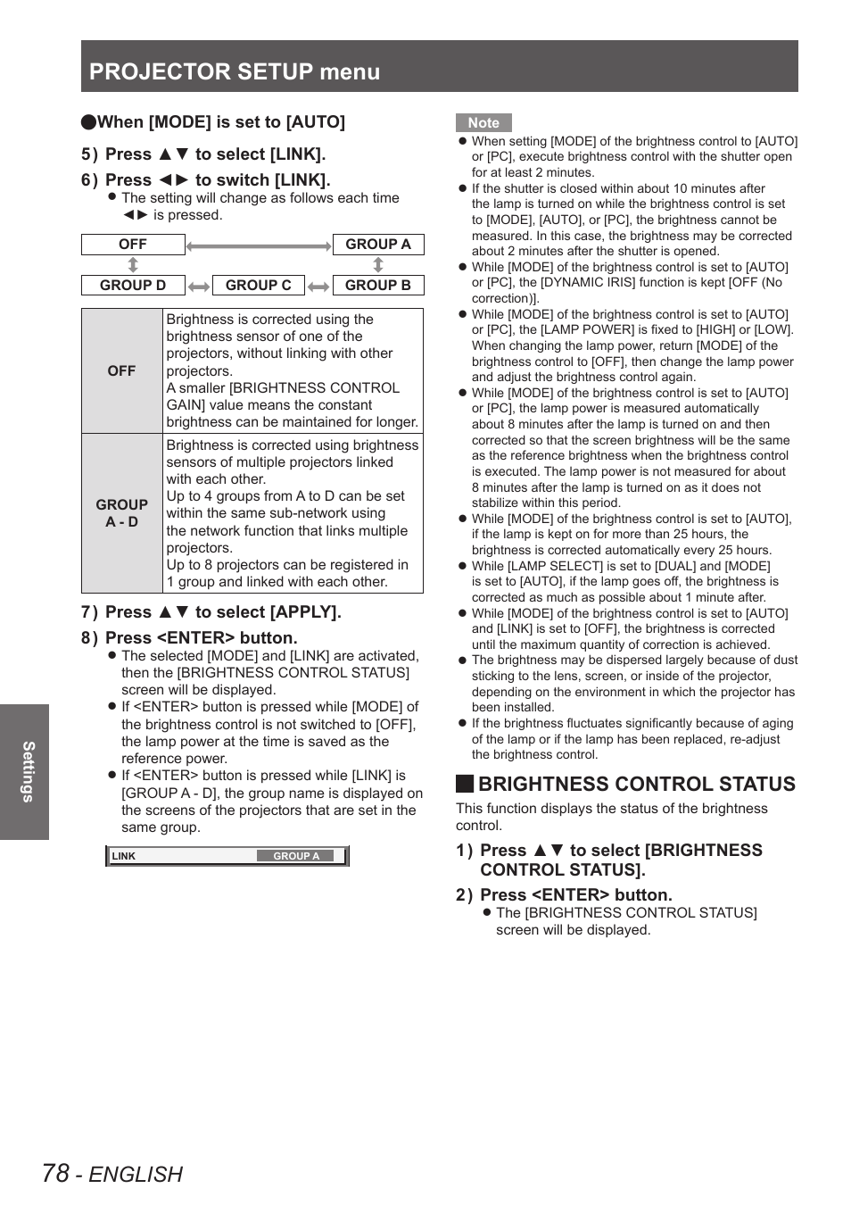 Projector setup menu, English, Brightness control status | When [mode] is set to [auto | Panasonic PT-DW8300U User Manual | Page 78 / 129