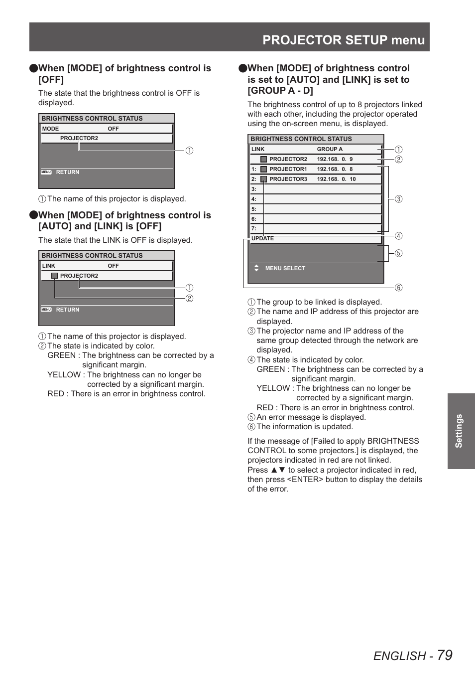 Projector setup menu, English, When [mode] of brightness control is | Auto] and [link] is [off, When [mode] of brightness control, Is set to [auto] and [link] is set to [group a - d | Panasonic PT-DW8300U User Manual | Page 79 / 129