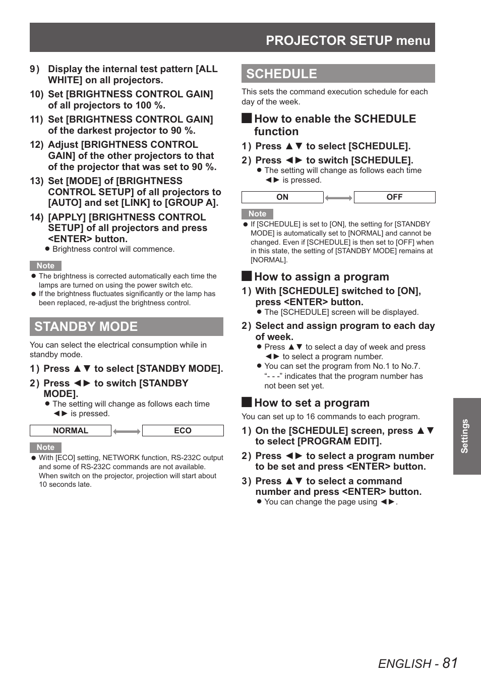 Standby mode, Schedule, Standby mode schedule | Projector setup menu, English, How to enable the schedule function, How to assign a program, How to set a program | Panasonic PT-DW8300U User Manual | Page 81 / 129