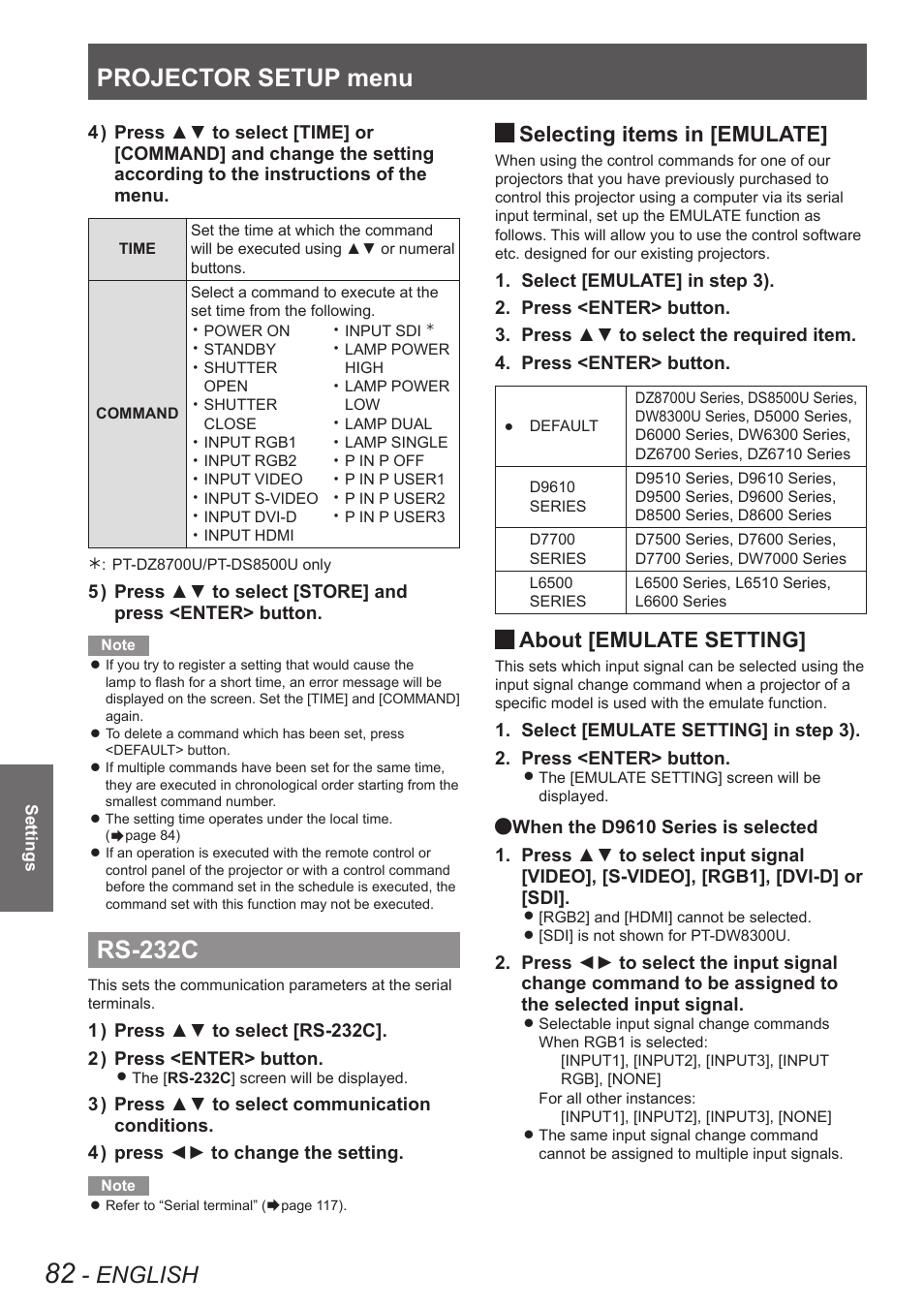 Rs-232c, Projector setup menu, English | Selecting items in [emulate, About [emulate setting | Panasonic PT-DW8300U User Manual | Page 82 / 129