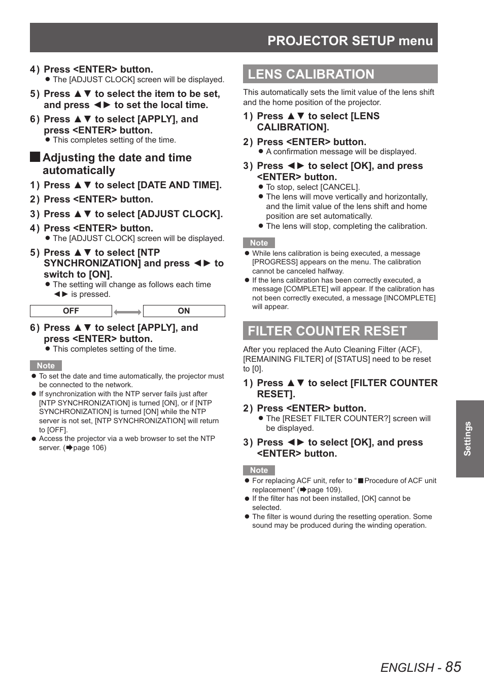 Lens calibration, Filter counter reset, Lens calibration filter counter reset | Projector setup menu, English, Adjusting the date and time automatically | Panasonic PT-DW8300U User Manual | Page 85 / 129