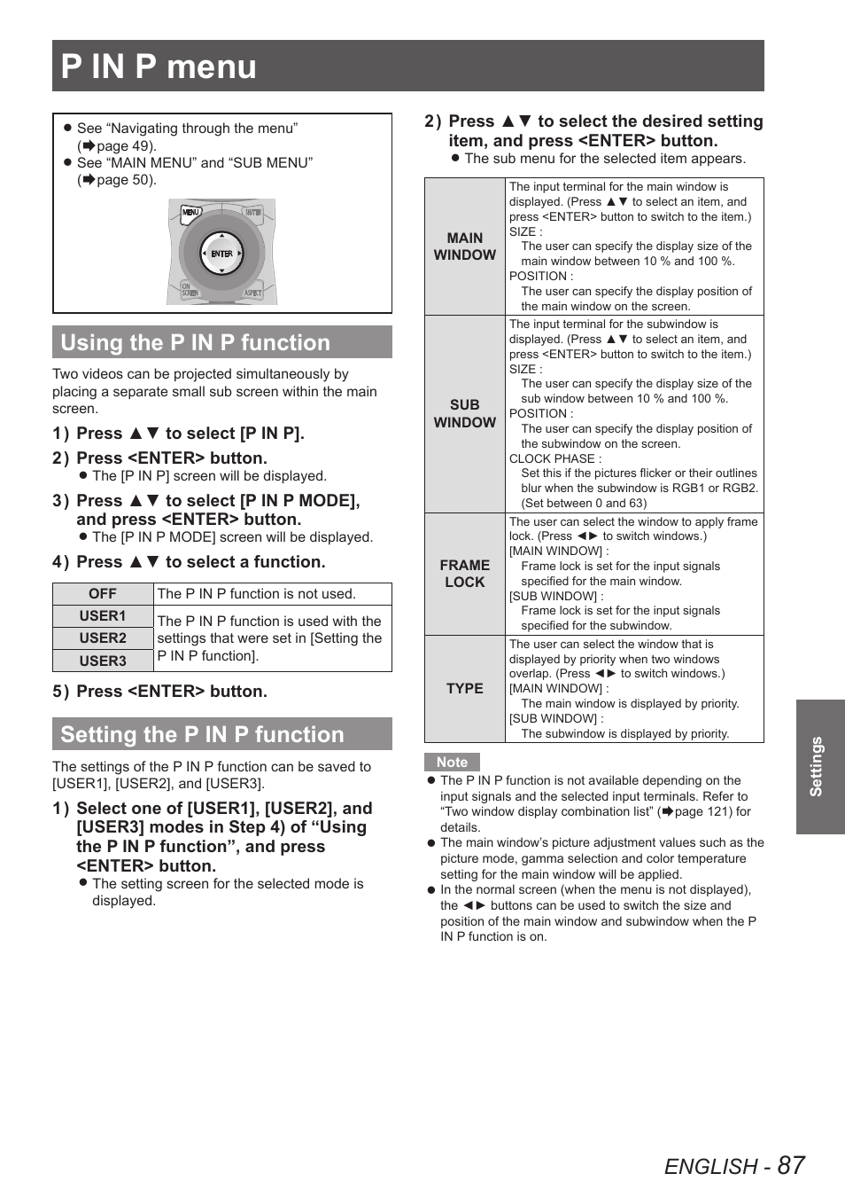 P in p menu, Using the p in p function, Setting the p in p function | English | Panasonic PT-DW8300U User Manual | Page 87 / 129