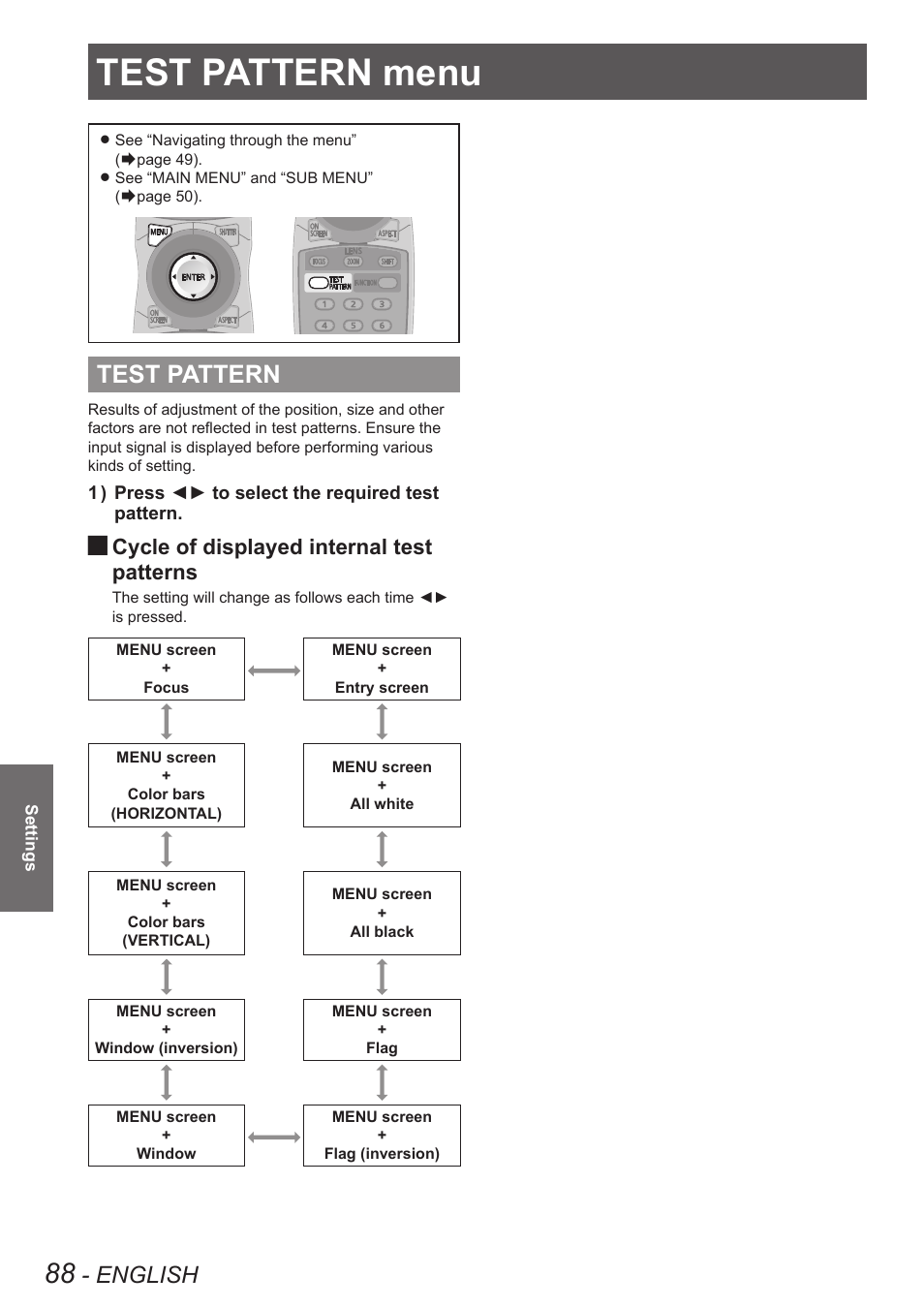 Test pattern menu, Test pattern, English | Cycle of displayed internal test patterns | Panasonic PT-DW8300U User Manual | Page 88 / 129