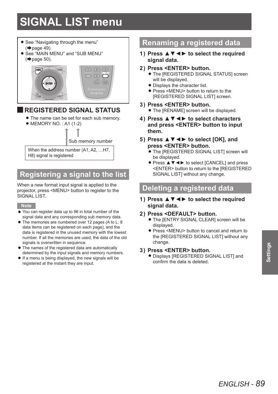 Signal list menu, Registering a signal to the list, Renaming a registered data | Deleting a registered data, Deleting a registered, Data, English, Registered signal status | Panasonic PT-DW8300U User Manual | Page 89 / 129