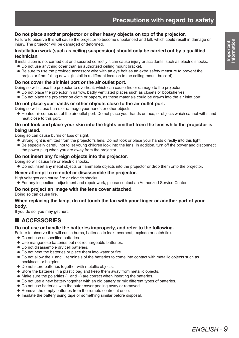 Precautions with regard to safety, English, Accessories | Panasonic PT-DW8300U User Manual | Page 9 / 129