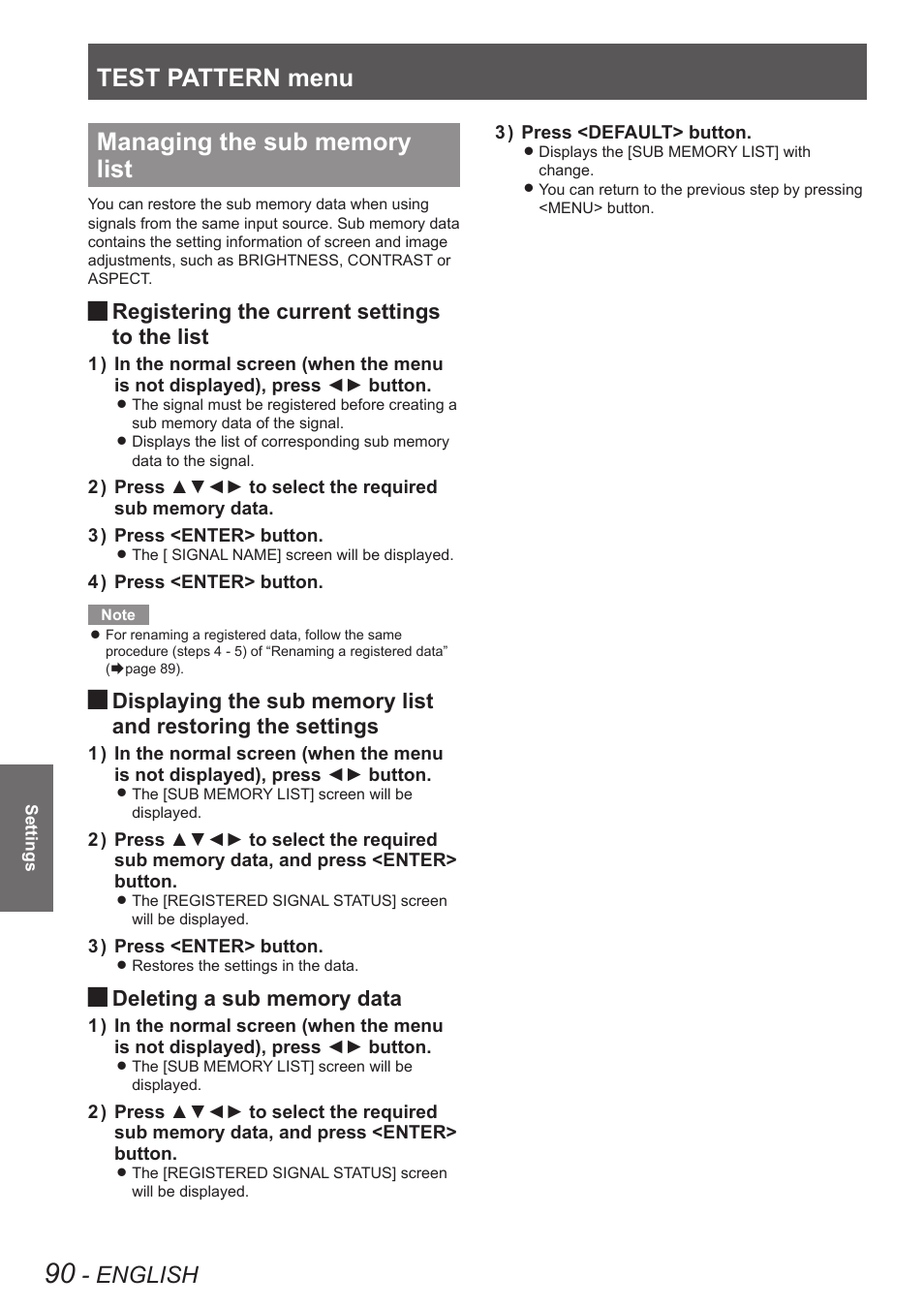 Managing the sub memory list, Test pattern menu, English | Registering the current settings to the list | Panasonic PT-DW8300U User Manual | Page 90 / 129