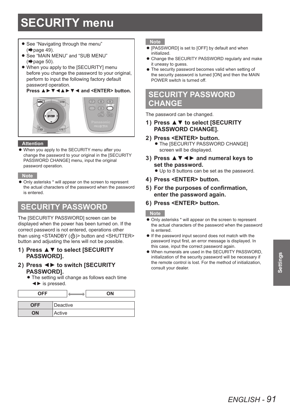 Security menu, Security password, Security password change | Security password security password change, English | Panasonic PT-DW8300U User Manual | Page 91 / 129