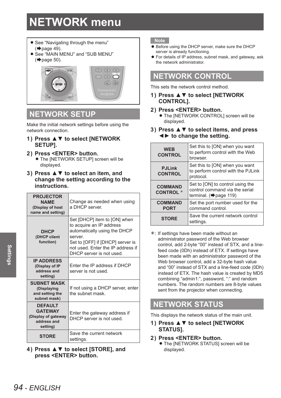 Network menu, Network setup, Network control | Network status, Network setup network control network status, English | Panasonic PT-DW8300U User Manual | Page 94 / 129