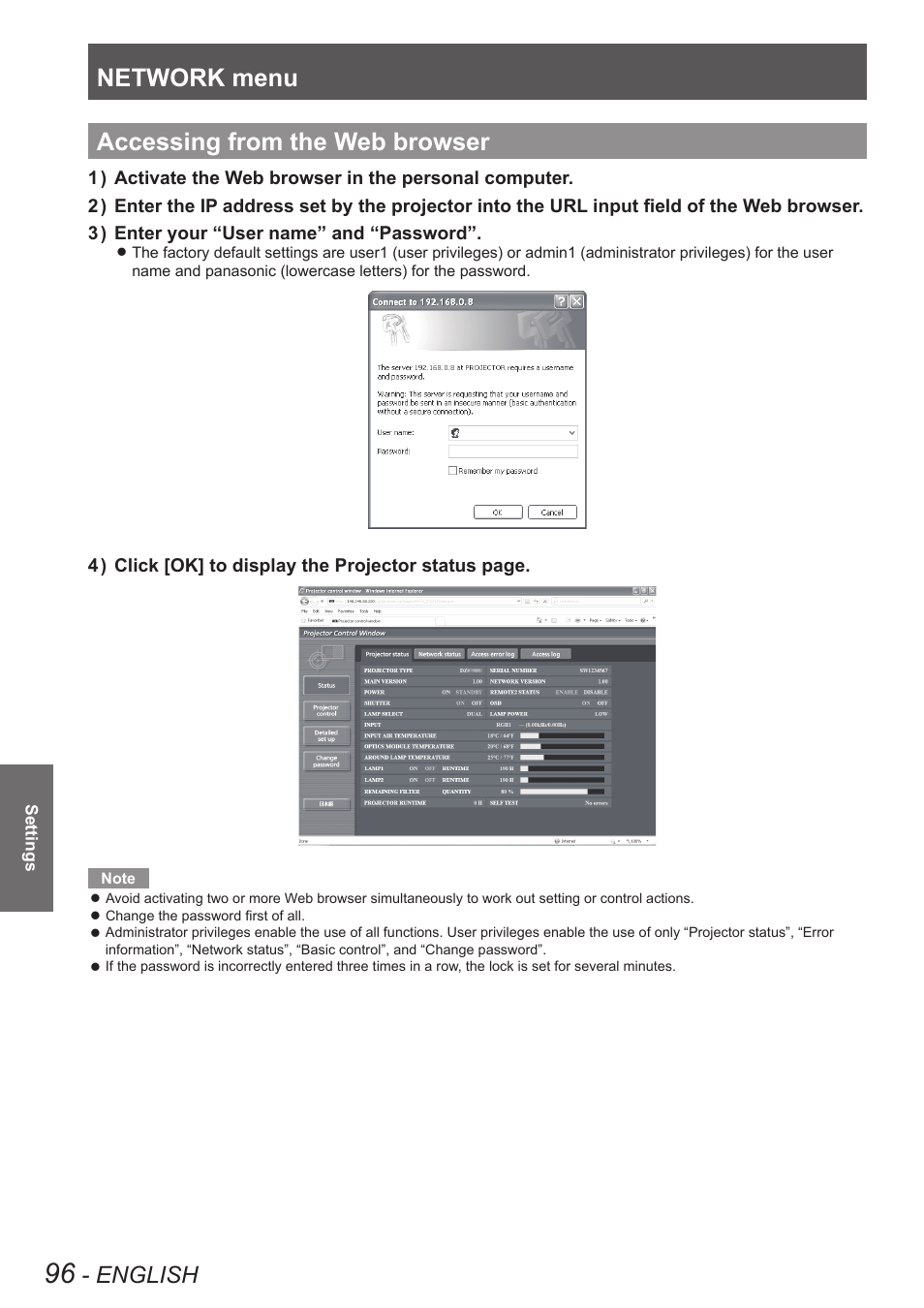 Accessing from the web browser, Network menu, English | Panasonic PT-DW8300U User Manual | Page 96 / 129