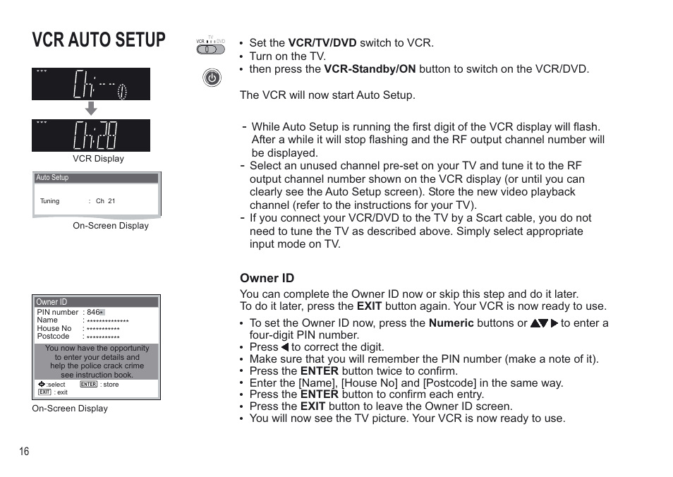 Vcr auto setup, Owner id | Panasonic NV-VP30EBL User Manual | Page 16 / 64