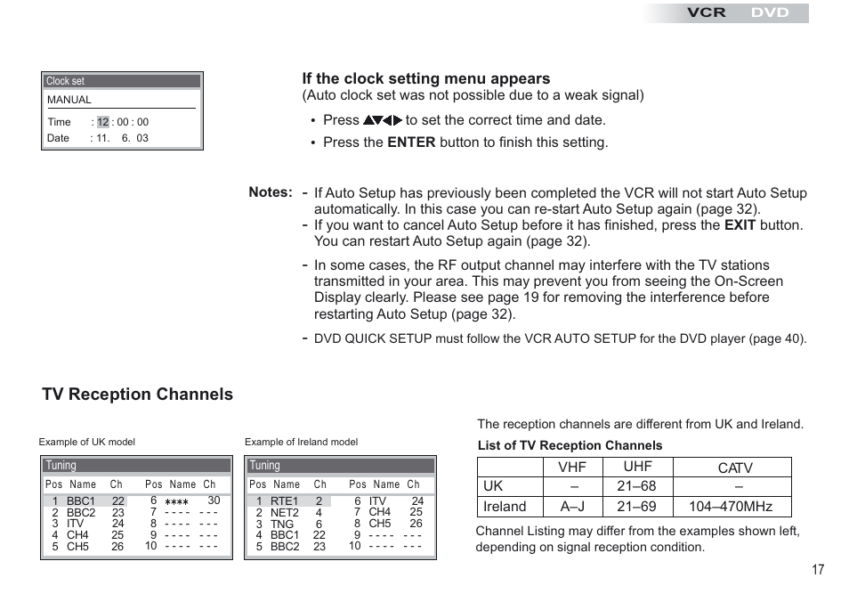 Tv reception channels, If the clock setting menu appears | Panasonic NV-VP30EBL User Manual | Page 17 / 64
