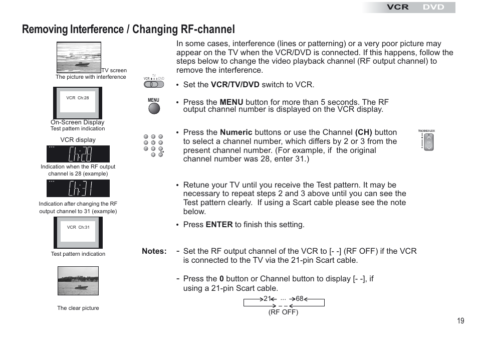 Removing interference / changing rf-channel, Set the switch to vcr. vcr/tv/dvd, Press to finish this setting. enter | Panasonic NV-VP30EBL User Manual | Page 19 / 64