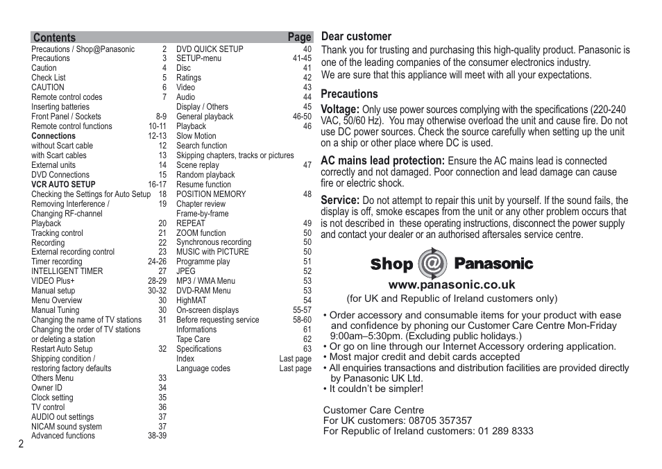 Contents page precautions voltage, Ac mains lead protection: service, Dear customer | Panasonic NV-VP30EBL User Manual | Page 2 / 64