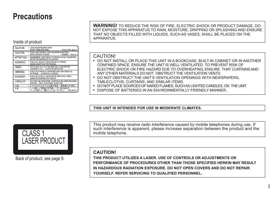 Laser product, Precautions, Class 1 | Panasonic NV-VP30EBL User Manual | Page 3 / 64