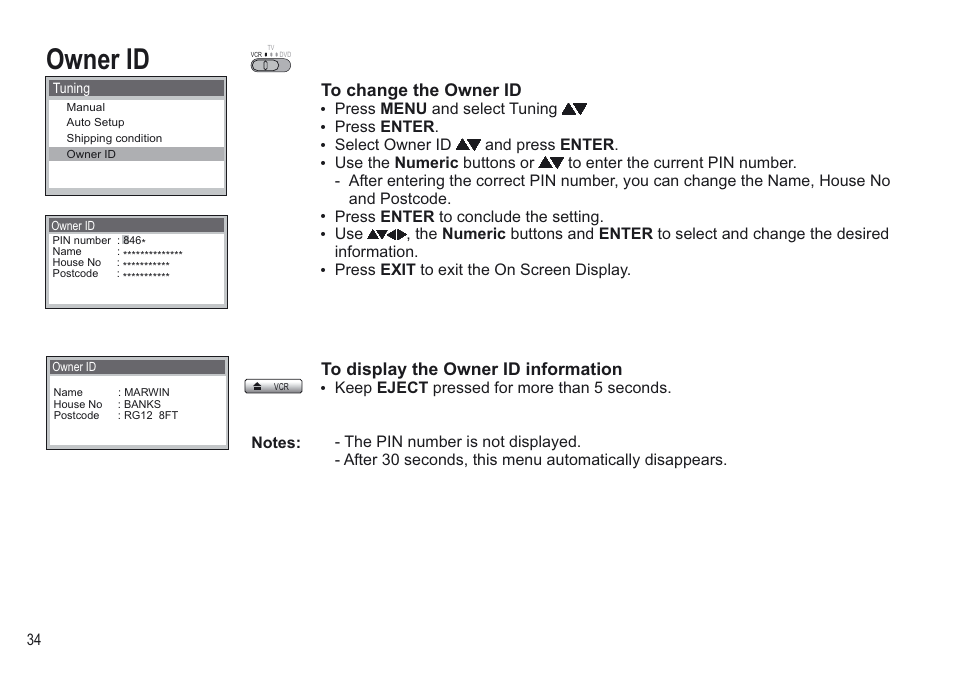 Owner id | Panasonic NV-VP30EBL User Manual | Page 34 / 64
