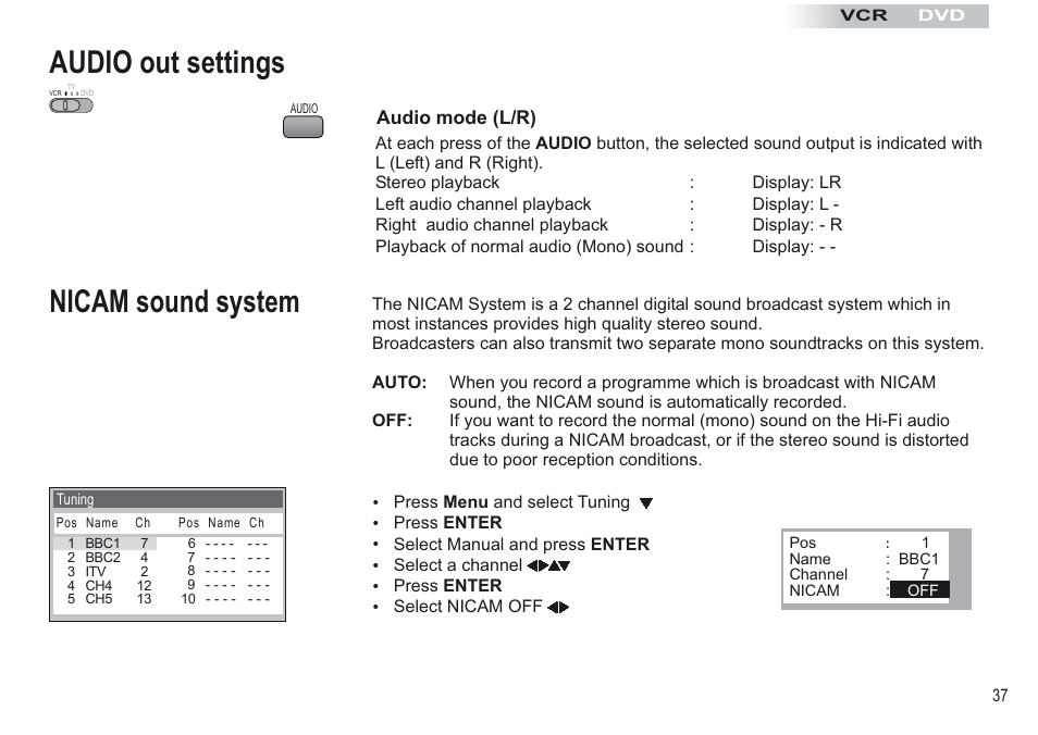 Nicam sound system, Audio out settings | Panasonic NV-VP30EBL User Manual | Page 37 / 64