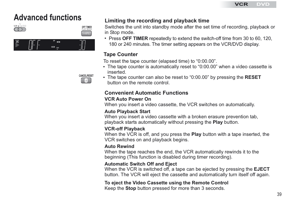 Advanced functions, Tape counter | Panasonic NV-VP30EBL User Manual | Page 39 / 64