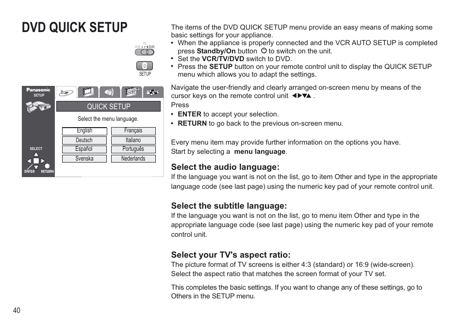 Dvd quick setup, Select the subtitle language, Select your tv's aspect ratio | Select the audio language | Panasonic NV-VP30EBL User Manual | Page 40 / 64