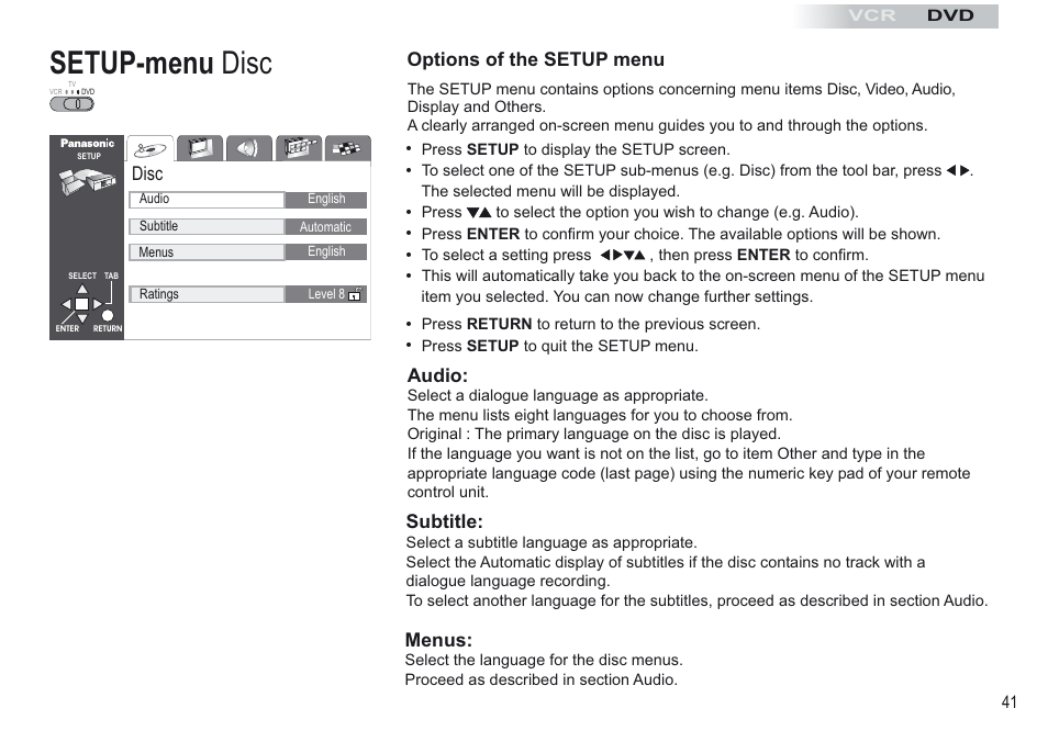 Setup-menu disc, Disc, Options of the setup menu | Audio, Subtitle, Menus | Panasonic NV-VP30EBL User Manual | Page 41 / 64