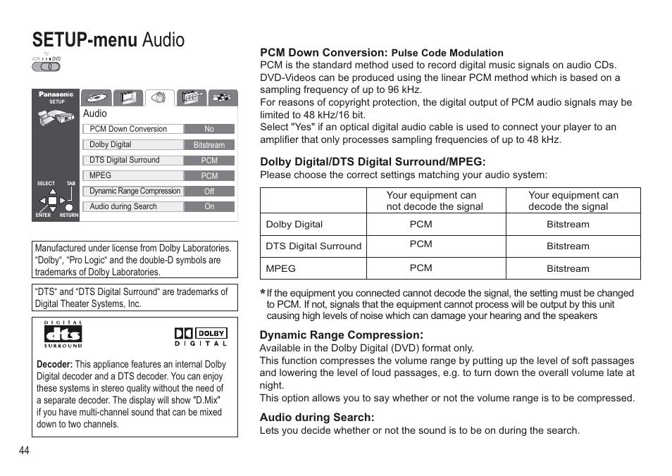 Setup-menu audio | Panasonic NV-VP30EBL User Manual | Page 44 / 64