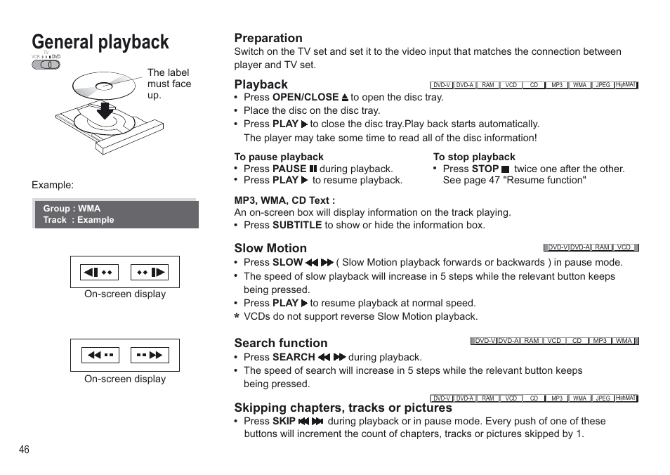 General playback, Playback, Preparation | Slow motion, Search function, Skipping chapters, tracks or pictures | Panasonic NV-VP30EBL User Manual | Page 46 / 64